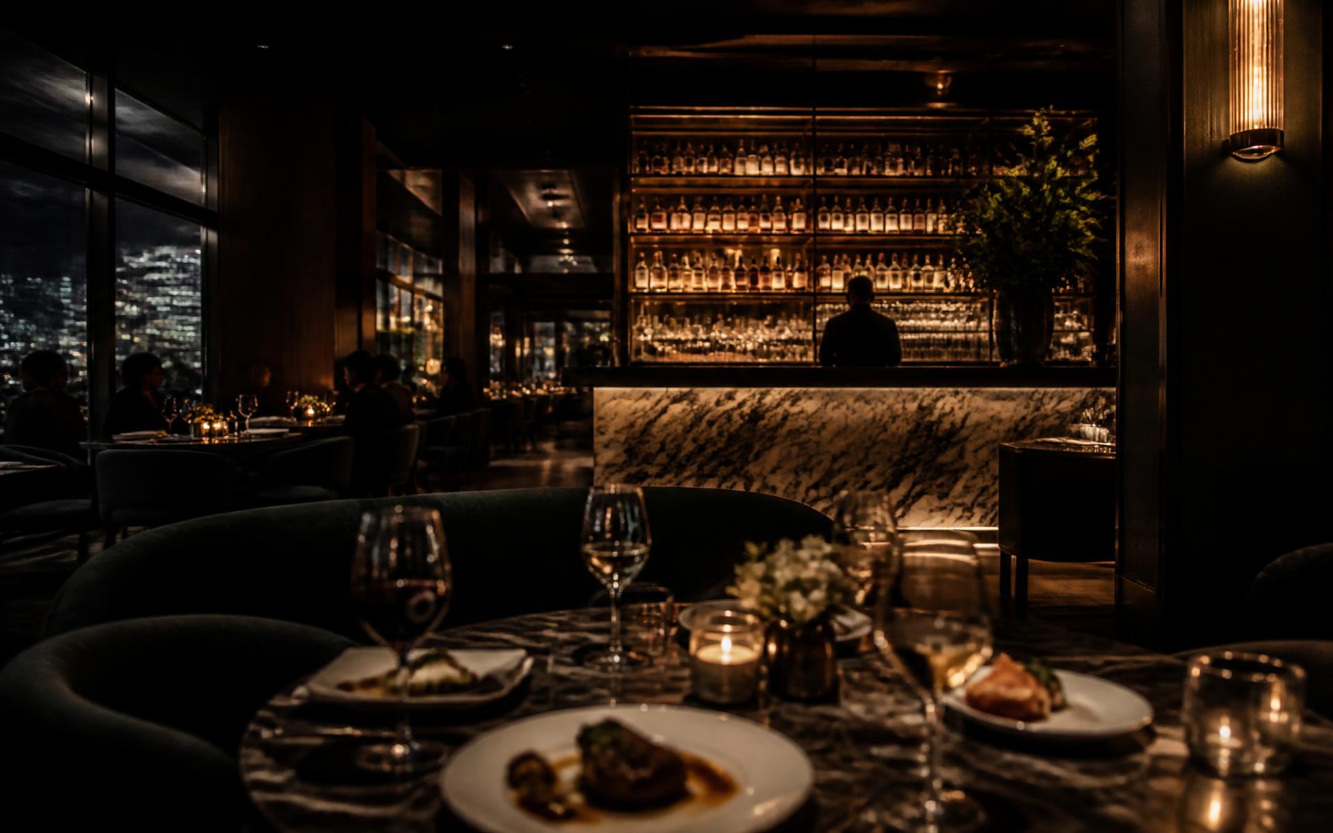 Candlelit dining room and marble bar at ROXA